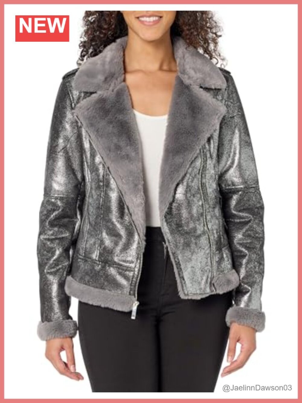 Metallic Shearling Moto Aviator Jacket Long Sleeve Band Collar